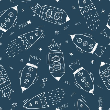 Foto de Seamless childish cosmic pattern with cute rockets and stars in space. Repeating texture doodle style universe. Colored flat vector illustration of cosmos background. - Imagen libre de derechos