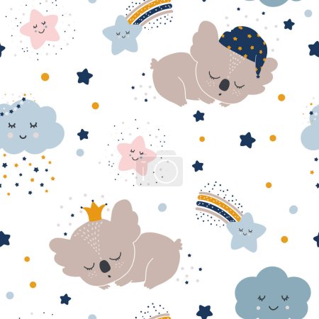 Foto de Patrón dibujado a mano sin costuras para niños con lindos koalas dormidos, nubes, lunas y estrellas. Textura creativa de moda para niños para tela, envoltura, textiles, papel pintado, ropa. Ilustración vectorial. - Imagen libre de derechos