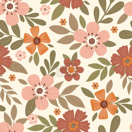 Elegant seamless floral pattern with fall flowers. Repeatable botanical background. Flat vector illustration.