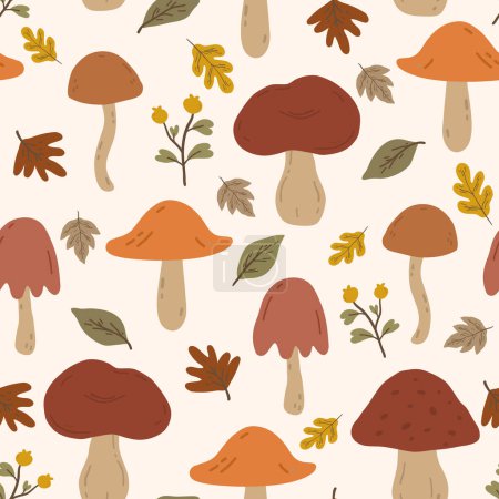 Nahtloses Muster mit Herbstblättern und Pilzen. Wiederholbarer Hintergrund mit Fallpilzen, Beeren und Laub. Flache Vektorabbildung.