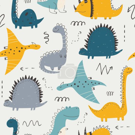 Foto de Patrón infantil de repetición con dinosaurios al estilo escandinavo. Patrón infantil sin costuras con dinosaurios dibujados a mano. - Imagen libre de derechos
