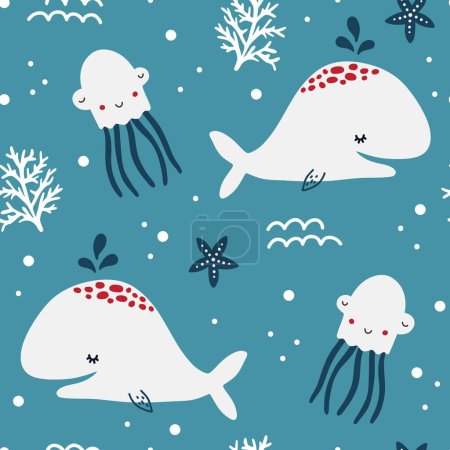 Foto de Lindo patrón sin costuras con pulpo de ballenas creativas y coloridas. Creativa textura submarina infantil. Ideal para tela, textil Vector Ilustración - Imagen libre de derechos