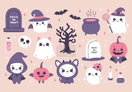 Foto de Feliz Halloween lindo conjunto: cabeza de calabaza, esqueleto, fantasma, murciélago y más. - Imagen libre de derechos
