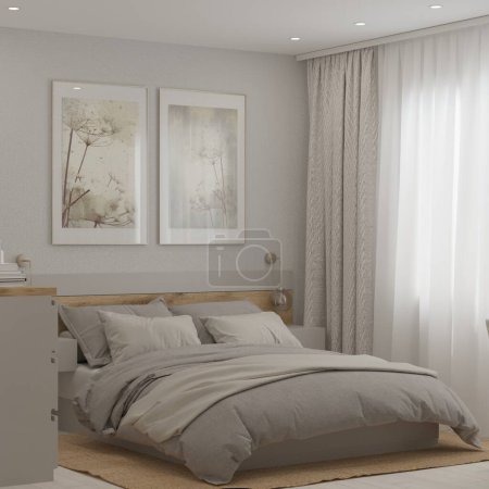 3d rendering of the modern Bedroom interior Design in natural Beige mild colors with wooden elements Double king size Bed with pillows and grey blanket near window day time