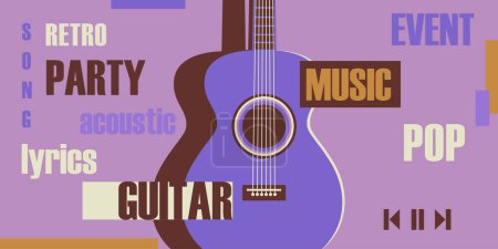 Ilustración de Guitarra acústica y al lado hay muchas inscripciones diferentes sobre un tema musical. Fondo de concepto de música retro. - Imagen libre de derechos
