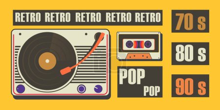 Illustration for Tape recorder for playing vinyl records and audio cassette retro background. Old school concept. - Royalty Free Image