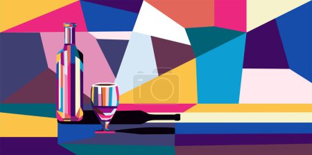 Ilustración de Ilustración vectorial colorida botella brillante de vino y una copa de vino o bebida alcohólica. - Imagen libre de derechos