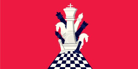 Schachfiguren auf einem Schachbrett in kreativem Stil auf rotem Hintergrund.