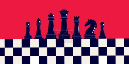 Pièces d'échecs sur un échiquier dans un style créatif sur un fond rouge.