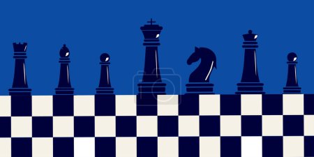 Ein Satz Schachfiguren in einer Reihe auf einem Schachbrett im trendigen Stil.