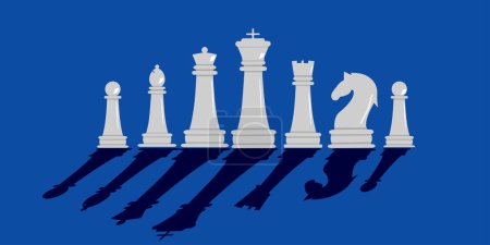 Pièces d'échecs sur fond bleu avec de longues ombres dans un style branché.
