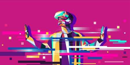 Illustration for Vector illustration of a man wearing virtual reality glasses. The concept of modern technology. In modern art style. - Royalty Free Image