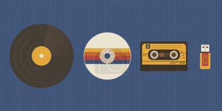 Illustration for Various storages for music. The concept of the evolution of retro data warehouses. - Royalty Free Image