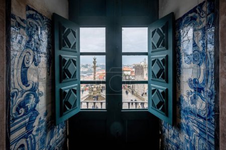 Photo for Old wooden window surrounded by vintage tiles, Porto main square background - Royalty Free Image