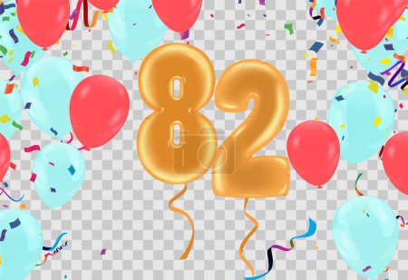 Illustration for 82 birthday Happy birthday, congratulations poster. Balloons numbers with sparkling confetti ribbon, glitter bright - Royalty Free Image