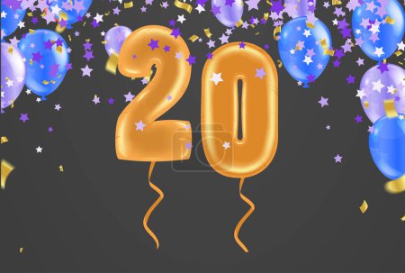 Illustration for 20 birthday Happy birthday, congratulations poster. Balloons numbers with sparkling confetti ribbon, glitter bright - Royalty Free Image