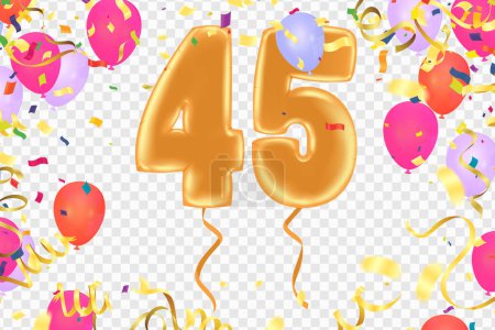 Illustration for 45 birthday Happy birthday, congratulations poster. Balloons numbers with sparkling confetti ribbon, glitter bright - Royalty Free Image