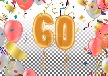 Illustration for 60 birthday Happy birthday, congratulations poster. Balloons numbers with sparkling confetti ribbon, glitter bright - Royalty Free Image