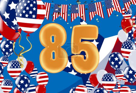 Illustration for 85 birthday Happy birthday, congratulations poster. Balloons numbers with sparkling confetti ribbon, glitter bright - Royalty Free Image