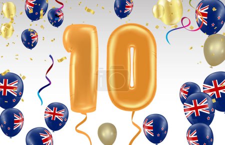 Illustration for 10 birthday Happy birthday, congratulations poster. Balloons numbers with sparkling confetti ribbon, glitter bright - Royalty Free Image
