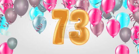 Illustration for 73 birthday Happy birthday, congratulations poster. Balloons numbers with sparkling confetti ribbon, glitter bright - Royalty Free Image
