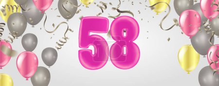 Illustration for 58  birthday Happy birthday, congratulations poster. Balloons numbers with sparkling confetti ribbon, glitter bright - Royalty Free Image