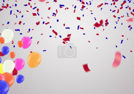 Illustration for Birthday Happy birthday, congratulations poster. Balloons numbers with sparkling confetti ribbon, glitter bright - Royalty Free Image