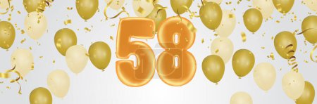 Illustration for 58 birthday Happy birthday, congratulations poster. Balloons numbers with sparkling confetti ribbon, glitter bright - Royalty Free Image