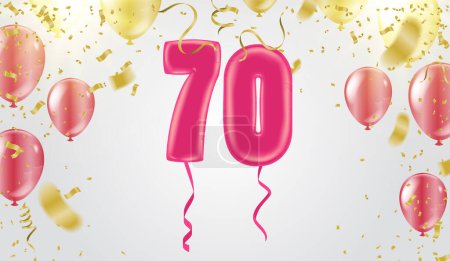 Illustration for 70 birthday Happy birthday, congratulations poster. Balloons numbers with sparkling confetti ribbon, glitter bright - Royalty Free Image