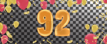 Illustration for 92 birthday Happy birthday, congratulations poster. Balloons numbers with sparkling confetti ribbon, glitter bright - Royalty Free Image
