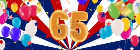 Illustration for 65 birthday Happy birthday, congratulations poster. Balloons numbers with sparkling confetti ribbon, glitter bright - Royalty Free Image