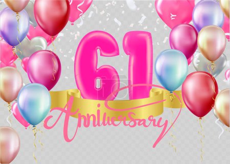 Illustration for 61 Happy Birthday card template with foil confetti and balloons Party decorations for birthday, anniversary, celebration. - Royalty Free Image