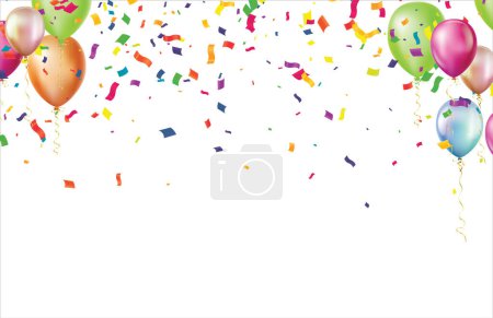 Foto de Cumpleaños partido diseño de vectores. Feliz cumpleaños saludo texto con globos flotantes de colores, banderines y elementos de celebración de confeti para la decoración de tarjetas de cumpleaños. Ilustración vectorial - Imagen libre de derechos