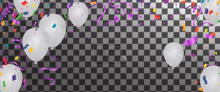 Téléchargez les illustrations : Ballons argentés, confettis et banderoles sur fond blanc. Illustration vectorielle Modèle de célébration - en licence libre de droit