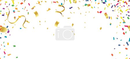 Téléchargez les illustrations : Modèle de fond de célébration avec confettis et banderoles sur fond blanc. Illustration vectorielle - en licence libre de droit