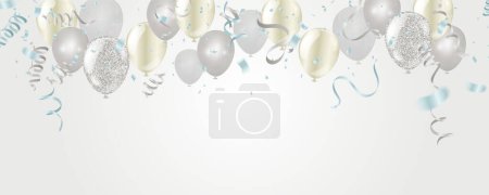 Téléchargez les illustrations : Ballons argentés, confettis et banderoles sur fond blanc. Illustration vectorielle Modèle de célébration - en licence libre de droit