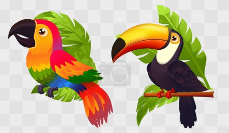 Tropischer Papagei und Tukan auf einem Ast. Vektorillustration
