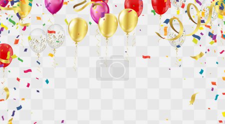Bright and festive image featuring various colorful balloons and scattered confetti depicting a celebration or party atmosphere