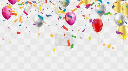 Téléchargez les illustrations : Fond festif mettant en vedette des ballons flottants avec divers motifs et des confettis vibrants, idéal pour les célébrations - en licence libre de droit