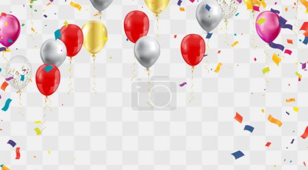 Illustration for Bright and festive image featuring various colorful balloons and scattered confetti depicting a celebration or party atmosphere - Royalty Free Image