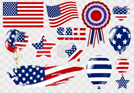 set of american flags and balloons isolated on transparent background, vector illustration