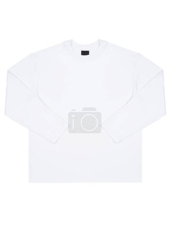 White cotton t-shirt with long sleeves with folded sleeves, mockup, isolated on white background, flat lay, front view. Clothes template for advertising, design, branding, text, print.