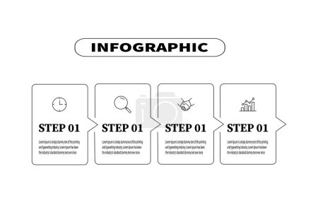 Ilustración de La infografía para la plantilla de vectores cuadrados de cuatro elementos describe el proceso de diseño para crear un negocio. Los cuatro pasos de un plan conceptual para banners web, diagramas, diseños y flujos de trabajo - Imagen libre de derechos