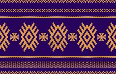 Un motif tribal traditionnel avec des formes géométriques en jaune et violet, représentant le design textile culturel.