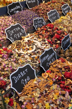 Photo for Colorful herbal tea from spice bazaar, traditional tea in Istanbul - Royalty Free Image