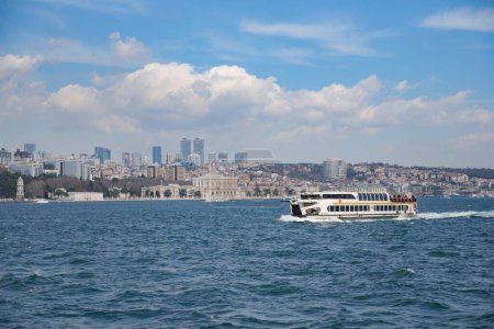 Photo for Turkey istanbul 18 july 2023. Transport ferry in the Bosphorus. Ferryboat carries passengers. - Royalty Free Image