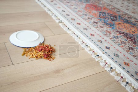 Spaghetti und Soße auf Fußboden verschüttet..