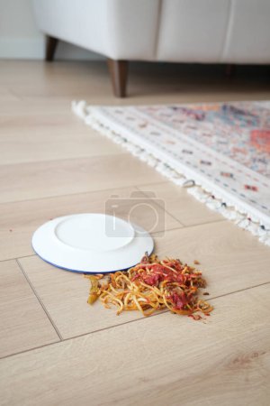Spaghettis et sauce renversés sur le sol..