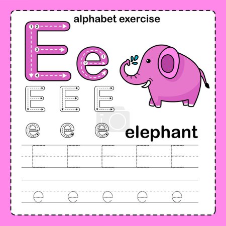 Ilustración de Letra del alfabeto E - Ejercicio de elefante con ilustración de vocabulario de dibujos animados, vector - Imagen libre de derechos