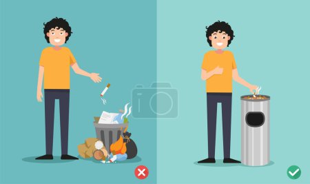 Illustration for Do not throw cigarette butts on the floor,wrong and right.vector illustration - Royalty Free Image